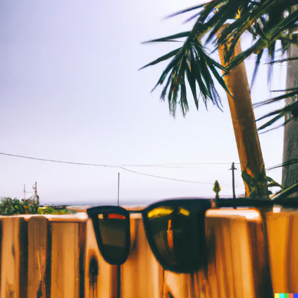 Some sunglasses resting on a fence with a palm tree in the background against a clear sky.