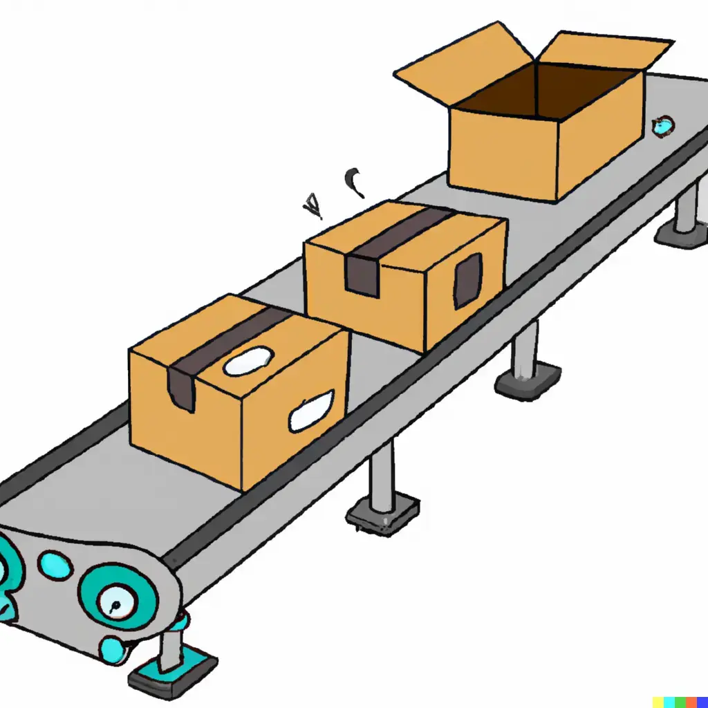 A conveyor belt of boxes with some open and some closed.
