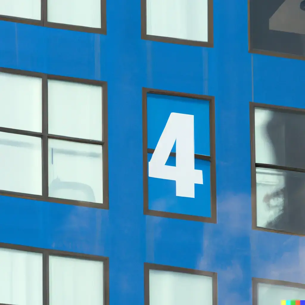 A photo of the number 4.9 on a blue background painted to a skyscraper in New York