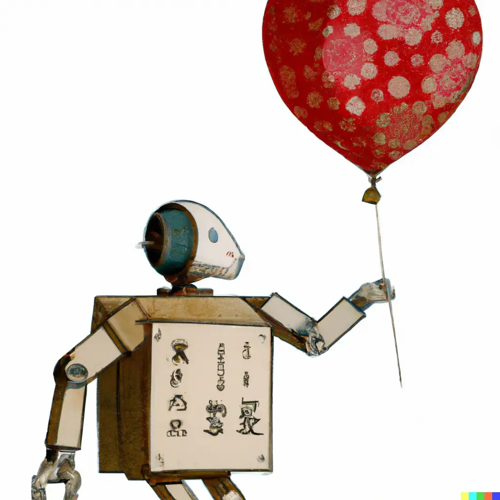 A photo of a robot holding a red balloon.
