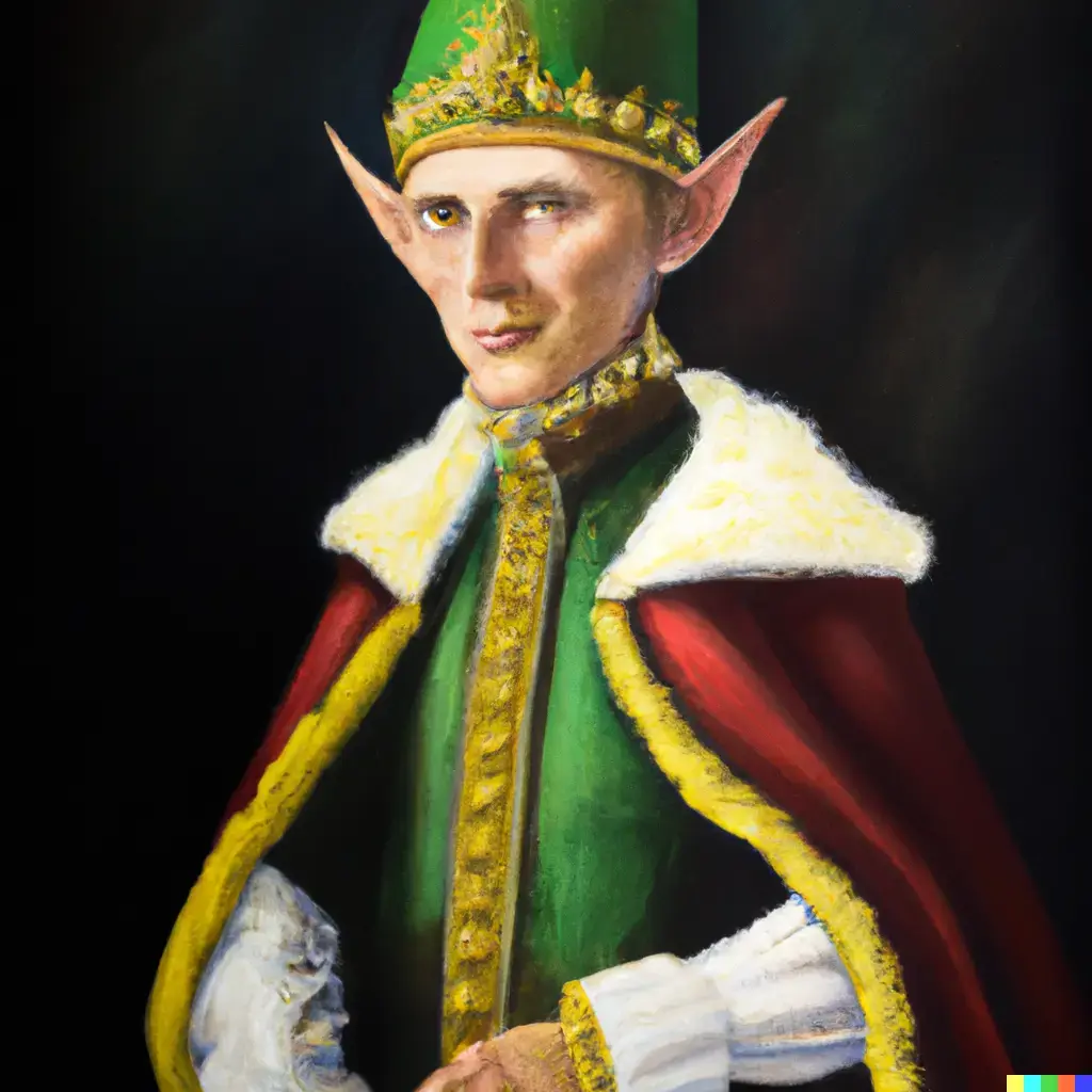 An classical portrait of an christmas elf with a dark background.