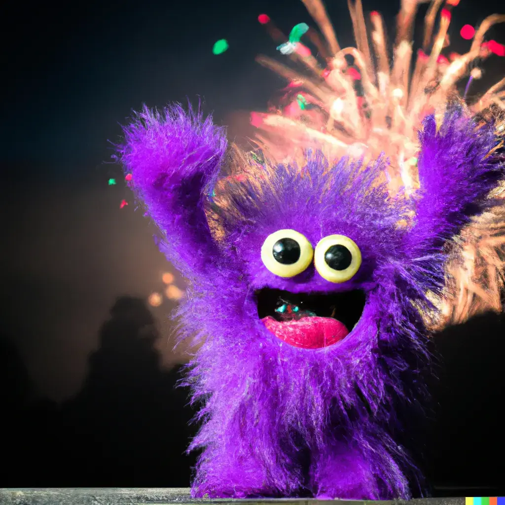 A happy purple furry monster waving at the camera with a firework going off in the background