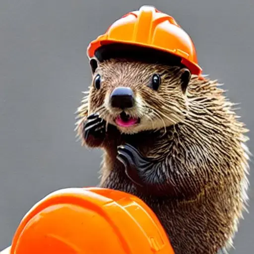 A beaver wearing a hardhat with an orange flag