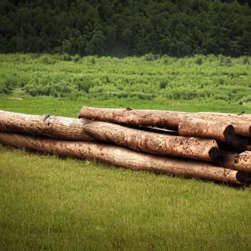 A selection of logs on the ground in a gree field.