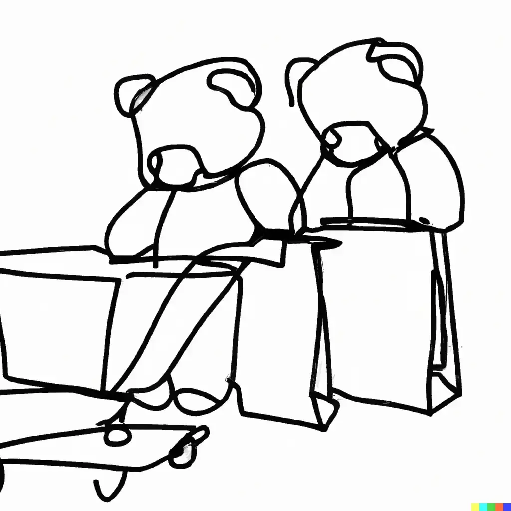 A drawing of two teddy bears shopping together, drawn by a single line