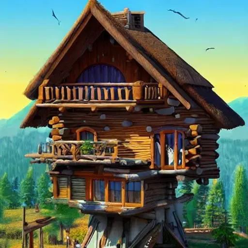 A log home on a hill in the style of a cartoon